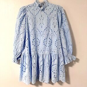 Eloquii Light Blue Eyelet Lace Mock Neck Mini Dress Size 16 Puff Sleeve Cotton